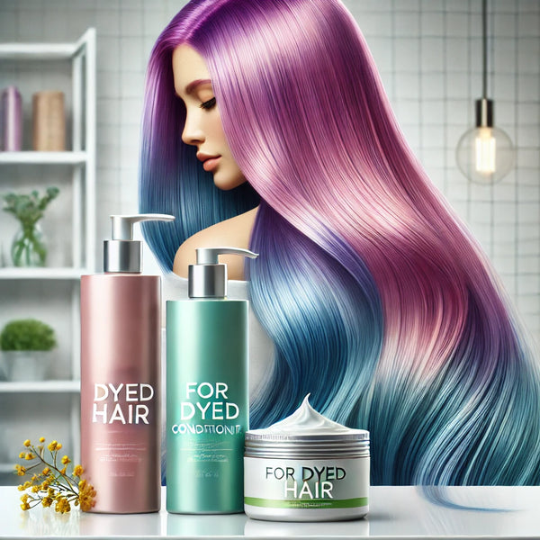 Cabello teñido vibrante y saludable junto a productos específicos para el cuidado del cabello teñido, incluyendo una mascarilla capilar, champú y acondicionador, en un entorno moderno.