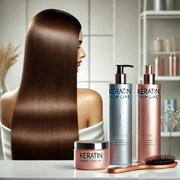 Cabello liso, brillante y saludable junto a productos de cuidado capilar con keratina, incluyendo un tratamiento, champú y acondicionador, en un entorno moderno y profesional.