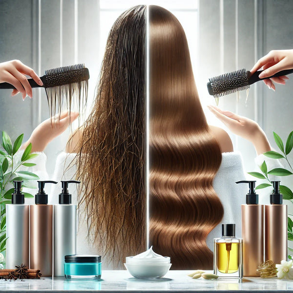 Imagen de antes y después mostrando la transformación de un cabello dañado a un cabello saludable y brillante, junto a productos capilares como mascarilla de keratina, shampoo sin sulfatos y aceite de argán.