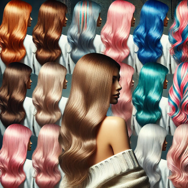 Diversos colores de cabello en tendencia para 2024, incluyendo tonos naturales, caramelos, azules pasteles, rosas neones y grises plateados, en un entorno moderno de salón.