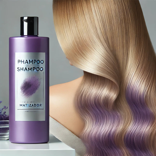 Imagen que muestra un frasco de shampoo matizador junto a un cabello que está pasando de tonos amarillos a un rubio cenizo fresco, destacando la efectividad del producto.