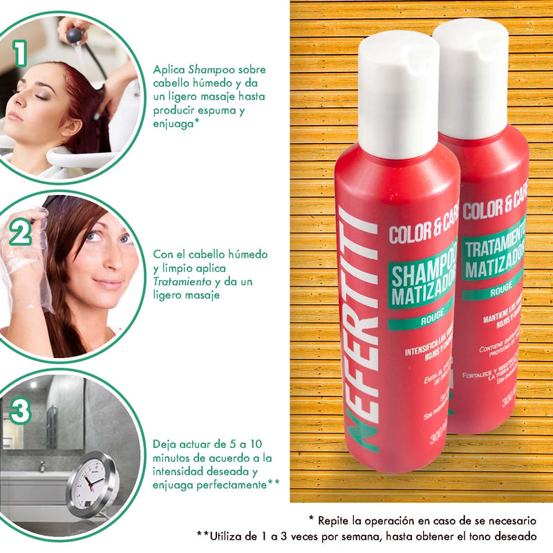 Shampoo Matizador rojo + Tratamiento con Keratina Nefertiti 300ml c/u