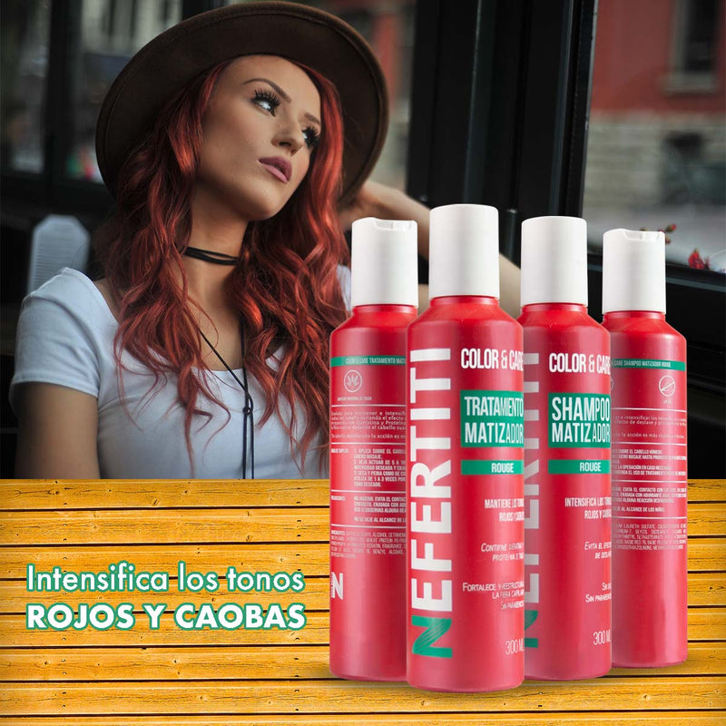 Shampoo Matizador rojo + Tratamiento con Keratina Nefertiti 300ml c/u