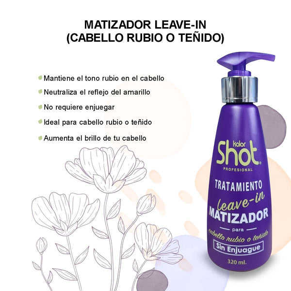 Tratamiento Matizador Leave-In 300ml Kolor Shot Profesional con Pigmentos Violetas y Agentes Hidratantes – Sin Enjuague, Elimina Reflejos Amarillos en Cabello Rubio o Teñido, Aporta Brillo y Protección Térmica