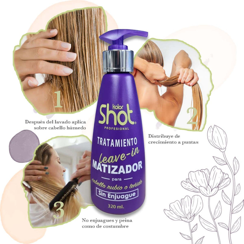 Tratamiento Matizador Leave-In 300ml Kolor Shot Profesional con Pigmentos Violetas y Agentes Hidratantes – Sin Enjuague, Elimina Reflejos Amarillos en Cabello Rubio o Teñido, Aporta Brillo y Protección Térmica