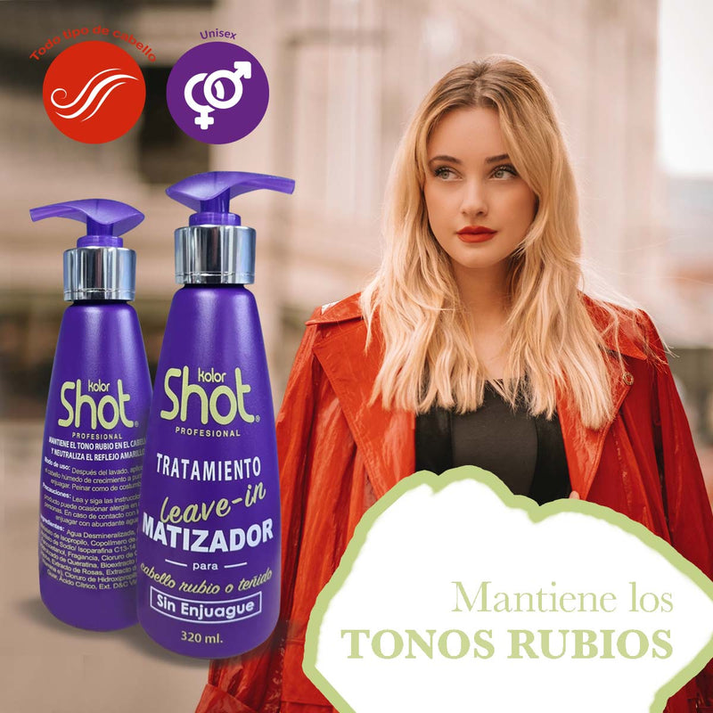Tratamiento Matizador Leave-In 300ml Kolor Shot Profesional con Pigmentos Violetas y Agentes Hidratantes – Sin Enjuague, Elimina Reflejos Amarillos en Cabello Rubio o Teñido, Aporta Brillo y Protección Térmica