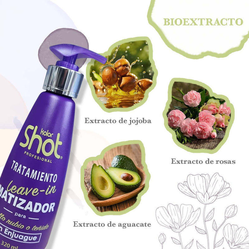 Tratamiento Matizador Leave-In 300ml Kolor Shot Profesional con Pigmentos Violetas y Agentes Hidratantes – Sin Enjuague, Elimina Reflejos Amarillos en Cabello Rubio o Teñido, Aporta Brillo y Protección Térmica
