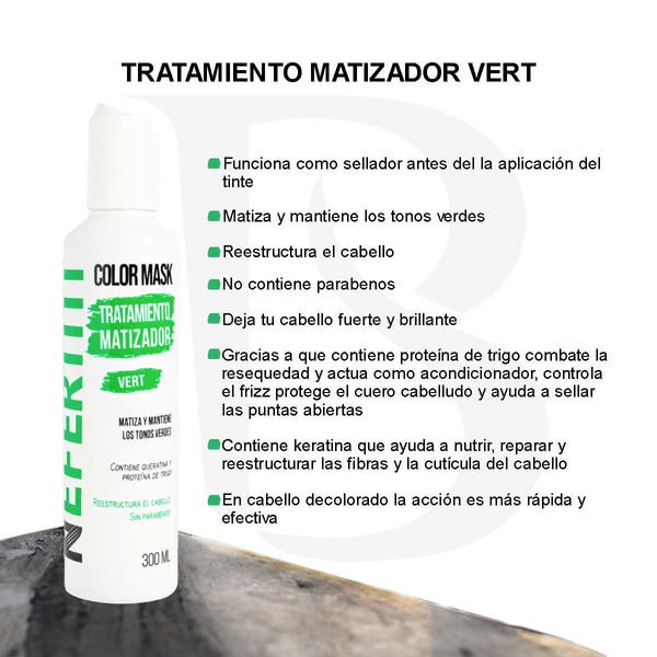 Matizador verde Para Cabello Sin Parabenos Con Keratina Nefertiti 300ml