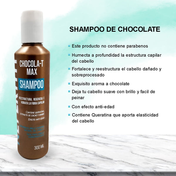 Shampoo Chocola-T Max con Keratina, Cacao y Bambú 300ml
