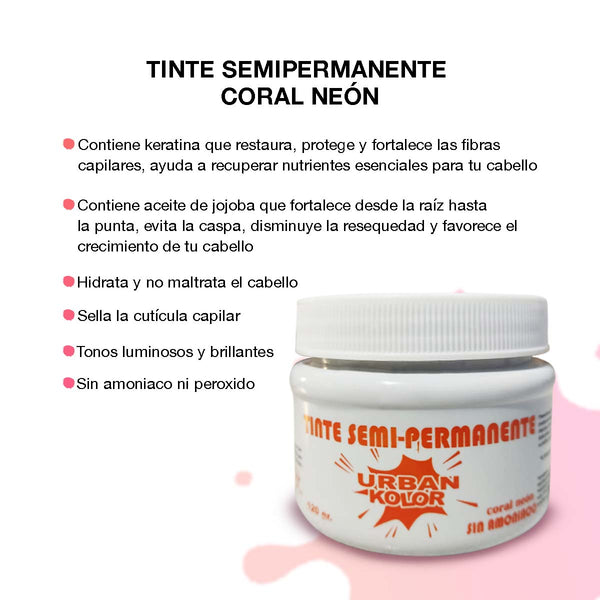 Tinte Fantasía Coral Neón Urban Kolor 120g Sin Amoniaco – Color Intenso Tipo Cobre, No Maltrata el Cabello, Ideal para Mechas, Cabello Decolorados o Tonos Vibrantes