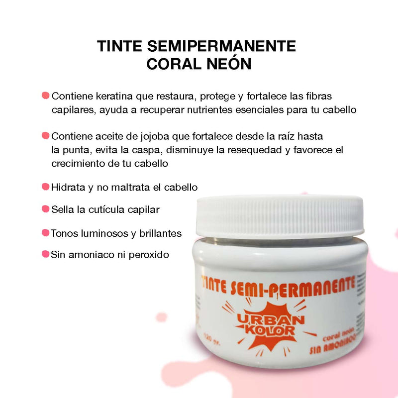 Tinte Fantasía Coral Neón Urban Kolor 120g Sin Amoniaco – Color Intenso Tipo Cobre, No Maltrata el Cabello, Ideal para Mechas, Cabello Decolorados o Tonos Vibrantes