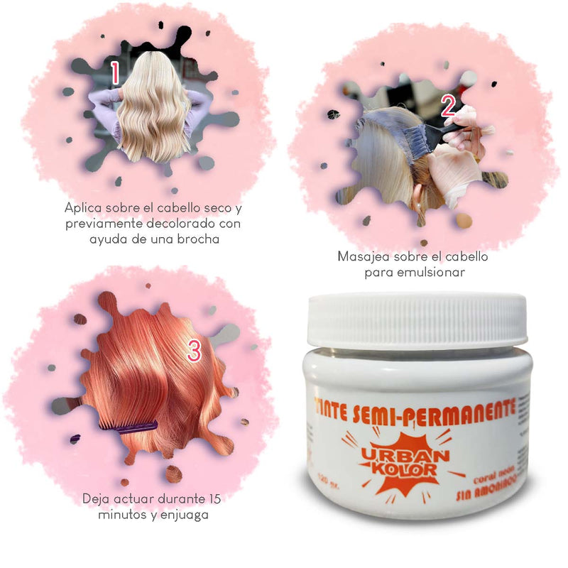 Tinte Fantasía Coral Neón Urban Kolor 120g Sin Amoniaco – Color Intenso Tipo Cobre, No Maltrata el Cabello, Ideal para Mechas, Cabello Decolorados o Tonos Vibrantes