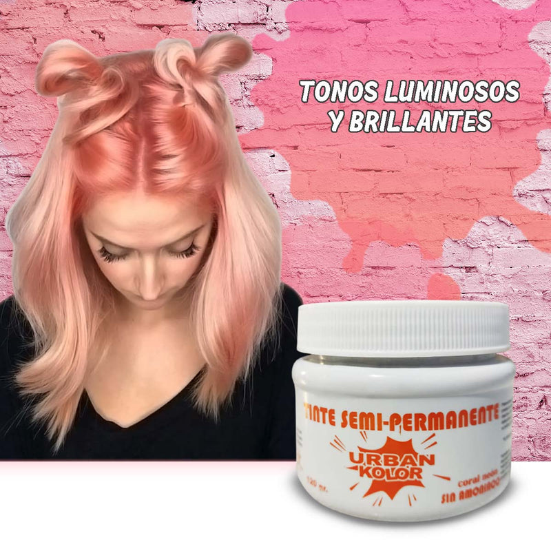 Tinte Fantasía Coral Neón Urban Kolor 120g Sin Amoniaco – Color Intenso Tipo Cobre, No Maltrata el Cabello, Ideal para Mechas, Cabello Decolorados o Tonos Vibrantes