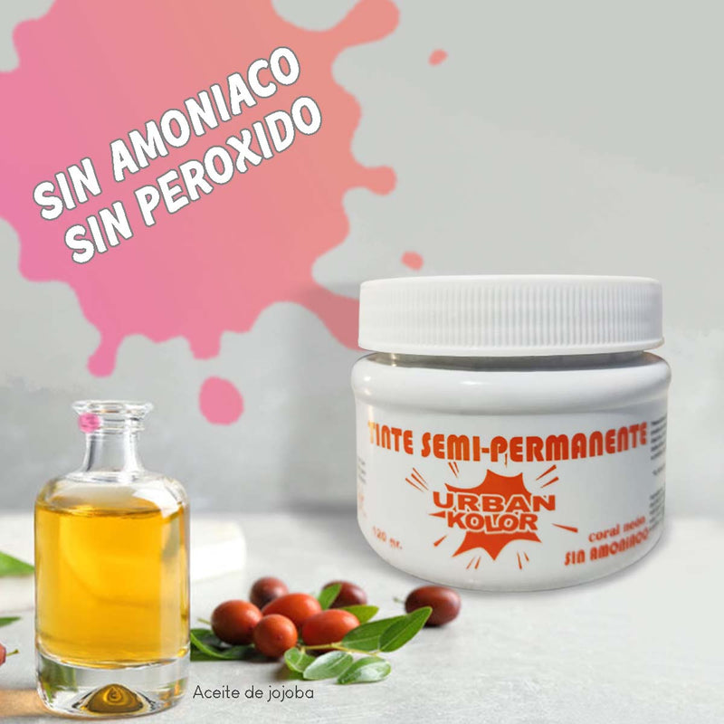 Tinte Fantasía Coral Neón Urban Kolor 120g Sin Amoniaco – Color Intenso Tipo Cobre, No Maltrata el Cabello, Ideal para Mechas, Cabello Decolorados o Tonos Vibrantes